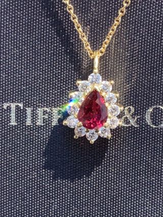 Tiffany & Co 18k Gold Ruby Diamond Pendant Necklace 1.  11 Tcw 16 Inches Rare