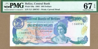Belize: 100 Dollars Banknote,  (unc Gem Pmg67),  P - 50a,  Rare,  01.  11.  1983,  No R