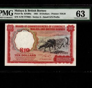 Malaya & British Borneo 10 Dollars 1961 P - 9a Pmg Unc 63 Rare Grade