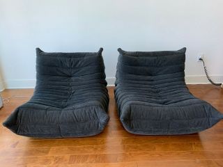 Ligne Roset Togo Fireside Chairs / Charcoal Rare Fabric / Pro Cleaned