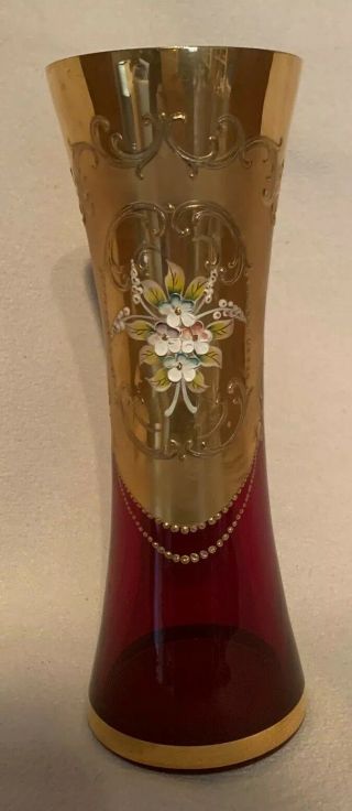Rare Vintage Murano Marked Ruby Glass Vase Covered In 24k Gold Hand Painted