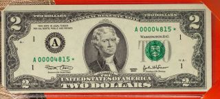 2003 Usa Rare $2 Bill Very Low Serial Number 00004815 Boston Star Note (dr)
