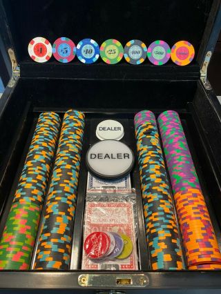 Paulson Classic Poker Chips (750) & Case Very Rare Dealer Button,  Cards