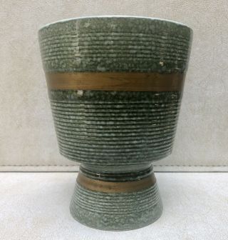 Mid - Century Hull Pottery Pedestal Vase/planter,  Usa,  105,  Green Stripe,  Rare,  7 1/4 "