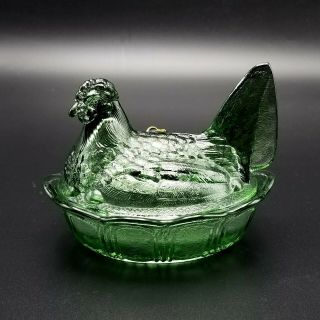 Vintage Fenton Green Glass Hen Chicken On A Nest Covered Candy Dish Rare