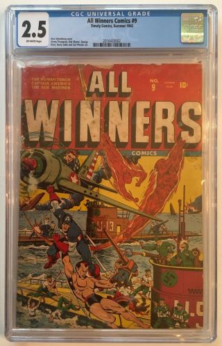 All Winners Comics 9 Cgc Vg 2.  5 Ow Pages Schomburg Nazi Wwii Cover Rare Htf