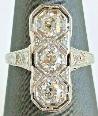 Rare Art Deco Platinum Diamond Dinner Ring With 3 Old European Cut Diamonds Plat