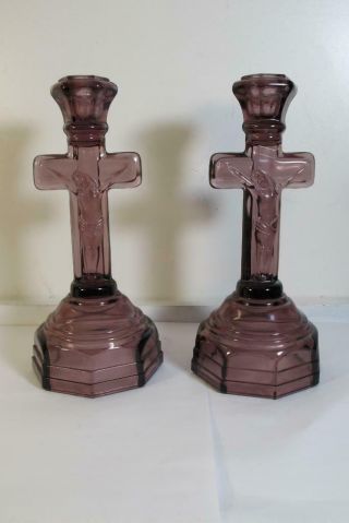Rare Antique Religious Candlestick Candle Holder Amethyst Purple Crucifix Cross