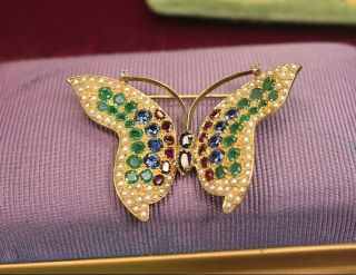 Rare Vintage 18k Gold Natural Diamond Ruby Sapphire Emerald Butterfly Brooch 2 "