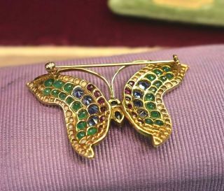 Rare vintage 18K gold natural diamond ruby sapphire emerald butterfly brooch 2 