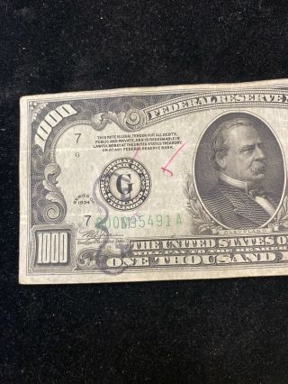 1934 Chicago $1000 One Thousand Dollar Bill Rare And Scares