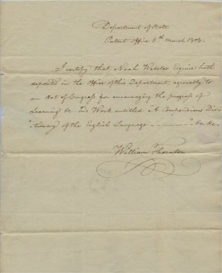 Rare & Important William Thornton Autograph Document Signed - Noah Webster