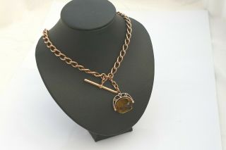 Rare Victorian Hm 9ct Solid Rose Gold Albert Necklace With T Bar & Citrine Fob