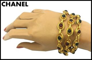 Vintage Rare Signed Chanel Gold Red Green Gripoix Glass Bracelet