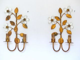 Vintage French Clear Flower Prisms Maison Bagues Style Antique Pair Sconces Rare
