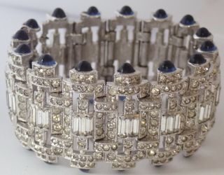 Rare Vintage Art Deco Ktf Trifari Rhodium Plate Sapphire Rhinestone Bracelet