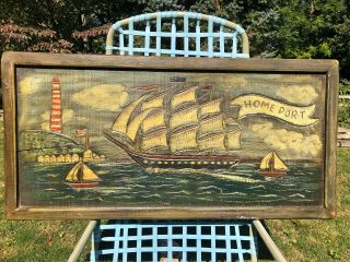 Antique Rare Early 1890s American Carved & Painted Ship Diorama Plaque 40 " Wide