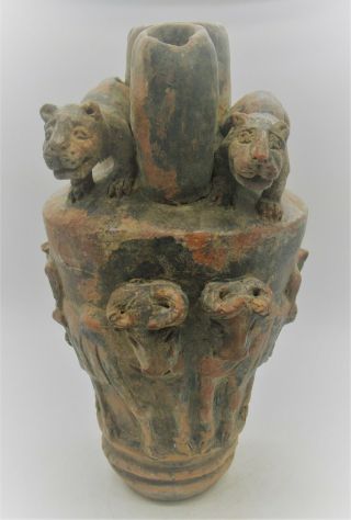 Ancient Near Eastern Terracotta Vessel With Lions And Protruding Ram Heads Rare