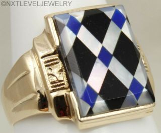 RARE Antique 1920 ' s Art Deco Lapis Onyx & Pearl Inlay 10k Solid Gold Men ' s Ring 2