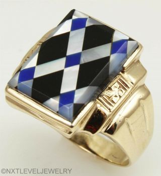 RARE Antique 1920 ' s Art Deco Lapis Onyx & Pearl Inlay 10k Solid Gold Men ' s Ring 3