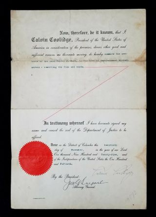 1925 Calvin Coolidge Autographed Pardon Document Signed As President Rare