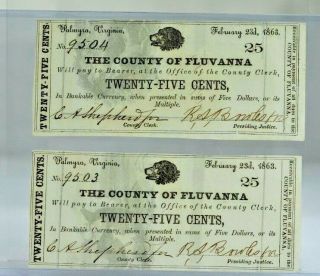 Rare 2 Consecutive Number Fluvanna Palmyra Va Confederate 25 Cent Notes