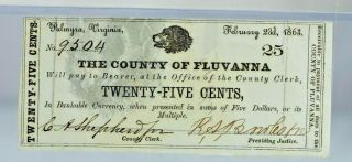 Rare 2 Consecutive Number Fluvanna Palmyra VA Confederate 25 Cent Notes 2