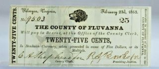 Rare 2 Consecutive Number Fluvanna Palmyra VA Confederate 25 Cent Notes 3