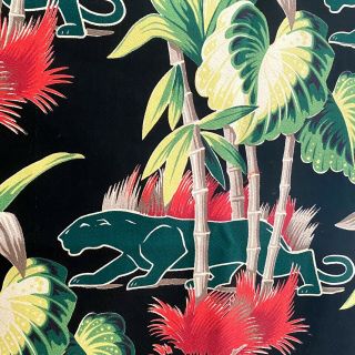 Rare Vintage Barkcloth Fabric - Black Tropical With Green Panthers & Palm Trees