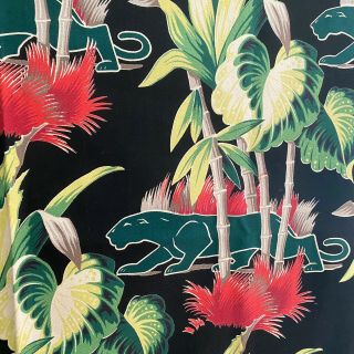 RARE Vintage Barkcloth Fabric - Black Tropical With Green Panthers & Palm Trees 2
