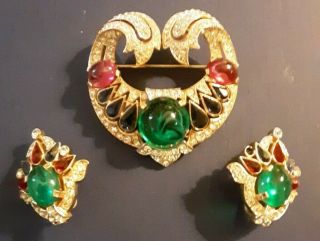 Rare Crown Trifari Jewels Of India Heart Pin With Earrings By Alfred.