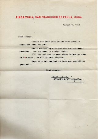 1941 Letter By Ernest Hemingway Signed Finca Vigia Cuba Rare