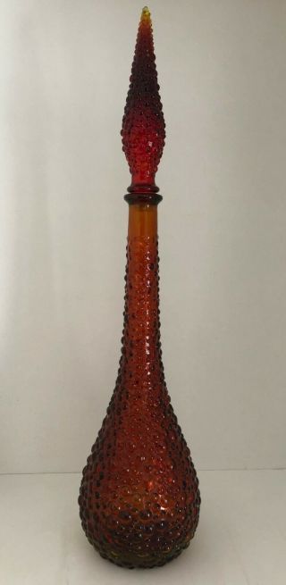 Rare Vintage Dark Red / Amberina Hobnail Glass Genie Bottle & Stopper Decanter