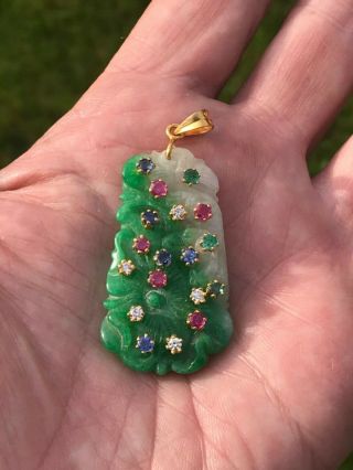 Rare Vintage Chinese Jade Pendant With 2cts Of Diamonds And Gemstones.  18ct Gold.