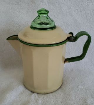 Vintage Enamelware Rare Green Glass Top Coffee Pot