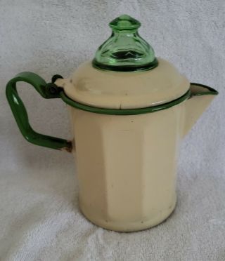Vintage enamelware rare green glass top coffee pot 2