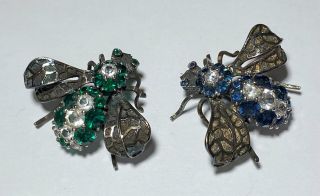 Vtg Rare Pair 2pc Sterling Silver 925 Rhinestone Bumble Bee Insect Brooch Pins