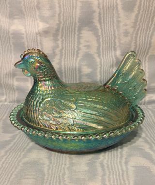 Vintage Rare Indiana Carnival Glass Over Teal Hen On Nest Usa