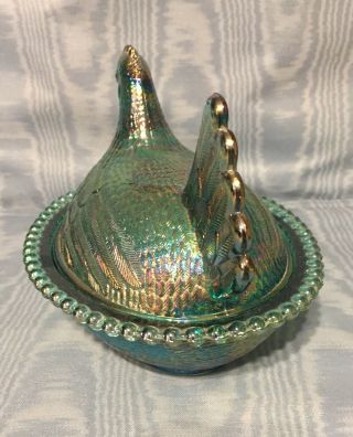 Vintage Rare Indiana Carnival Glass over Teal Hen on Nest USA 2