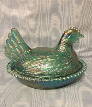 Vintage Rare Indiana Carnival Glass over Teal Hen on Nest USA 3
