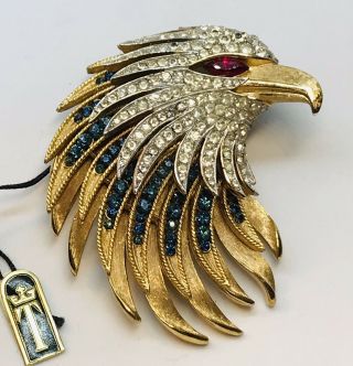 Rare Signed Crown Trifari Alfred Philippe Jeweled Bald Eagle Firebirds Pin