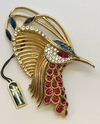 Rare Signed Crown Trifari Alfred Philippe Jeweled Peacock Firebirds Pin