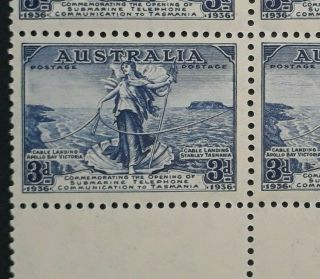 Rare 1936 Australia Plate Blk (1) 4X3d Blue Tasmanian Cable Open stamps MUH,  var 2