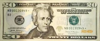 Rare Sheet Print 20 Dollar Star Note 2017 Low Serial Number Nb 00130949⭐