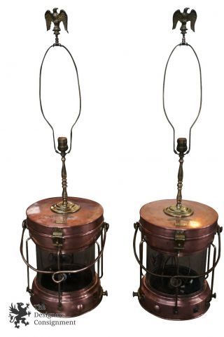2 Rare Antique Copper Converted Maritime Nautical Lanterns Table Ship Lamps 41 "