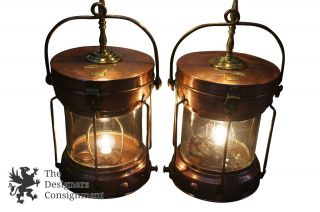 2 Rare Antique Copper Converted Maritime Nautical Lanterns Table Ship Lamps 41 