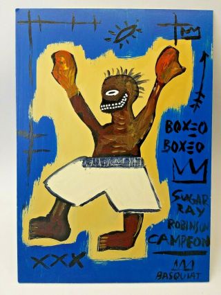 Jean Michel Basquiat American Artist Oil On Board Rare Signed 13 3/4 " X 9 3/4 "