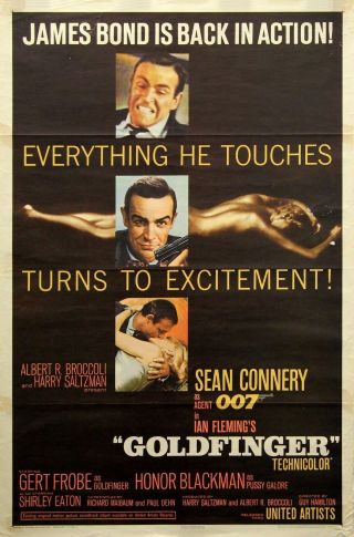 Goldfinger (1964) One Sheet Poster Ft.  Honor Blackman Painted In Gold,  Rare 007
