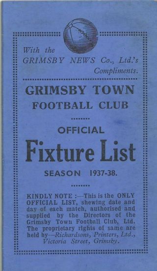 Ultra - Rare Vintage Grimsby Town Fixture Card Ticket List 1937 - 1938 Season