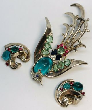 1940’s Trifari ‘alfred Philippe’ Sterling Emerald Jelly Belly Lyre Bird - Rare Set